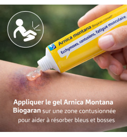 Application du gel Arnica Montana Biogaran sur une zone contusionnée pour aider à résorber bleus et bosses.