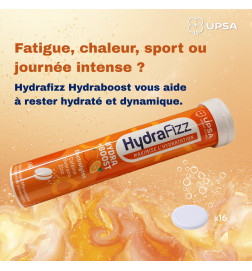HYDRAFIZZ UPSA Hydraboost Électrolytes Caféine Guarana Zinc – 16 comprimés effervescents goût orange