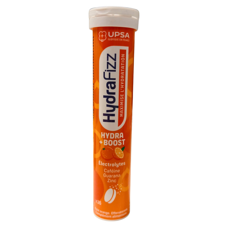 HYDRAFIZZ UPSA Hydraboost Électrolytes Caféine Guarana Zinc – 16 comprimés effervescents goût orange HYDRAFIZZ UPSA Hydraboost Électrolytes Caféine Guarana Zinc – 16 comprimés effervescents goût orange