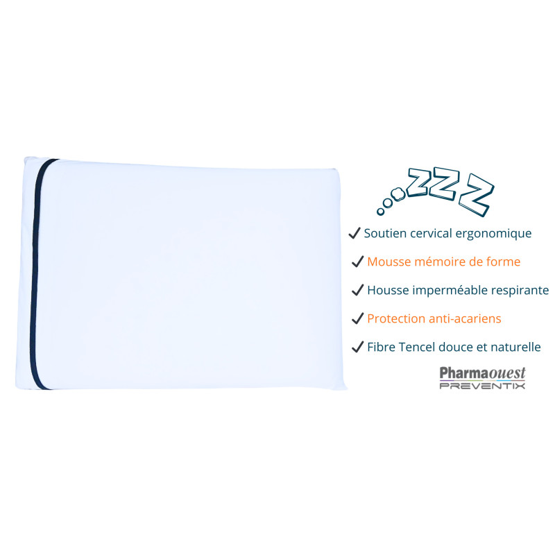 Oreiller mousse viscoélastique / haute résilience imperméable anti-acariens – 60×40 cm PHARMAOUEST