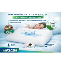 Oreiller mousse viscoélastique / haute résilience imperméable anti-acariens – 60×40 cm PHARMAOUEST