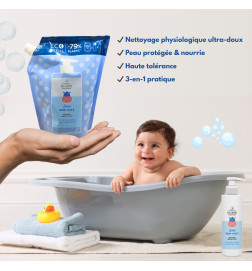 Recharge Bain Huile Bébé 600 ml à l’allantoïne et huile de coton – Gel lavant doux sans SLS SLES pour peau sensible.