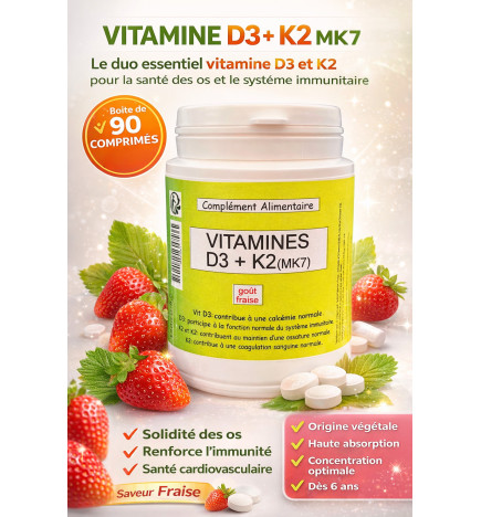 COSBASE Vitamine D3 + K2 MK7 – 90 comprimés goût fraise
