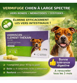 Vermiscan 500 mg chien Clément Thékan – vermifuge large spectre efficace contre vers ronds et plats, facile à administrer.
