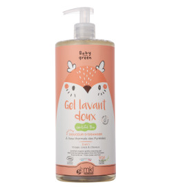 Gel Lavant Doux Bio MKL Baby Green 1 L pour nettoyer le corps et les cheveux de bébé en douceur.