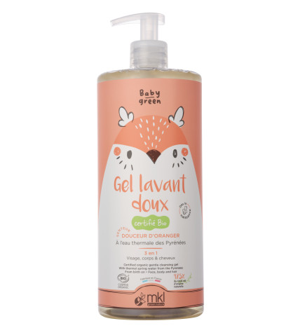 Gel Lavant Doux Bio MKL Baby Green 1 L pour nettoyer le corps et les cheveux de bébé en douceur.