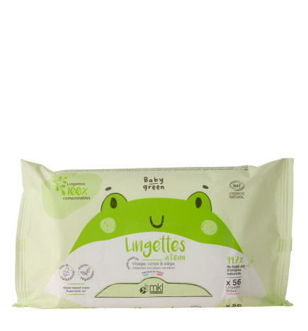 Lingettes à l'Eau MKL Baby Green x60 pour nettoyer bébé en douceur à tout moment de la journée.