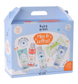 Coffret Naissance MKL Baby Green regroupant les essentiels bio pour prendre soin de bébé dès ses premiers jours.
