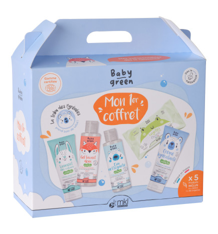Coffret Naissance MKL Baby Green regroupant les essentiels bio pour prendre soin de bébé dès ses premiers jours.