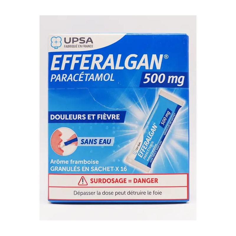 EFFERALGAN UPSA 500 mg Boite de 16 sachets goût framboise EFFERALGAN UPSA 500 mg Boite de 16 sachets goût framboise